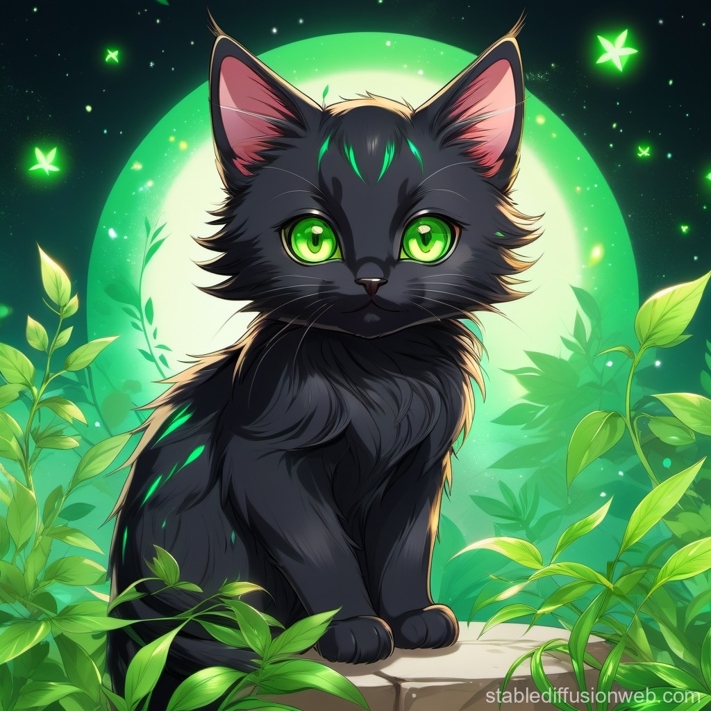 Mystical Black Cat with Glowing Green Eyes in Enchanted Forest