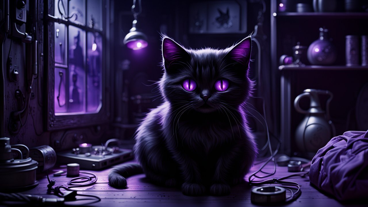 Mystical Black Cat with Glowing Purple Eyes in Cozy Dark Room