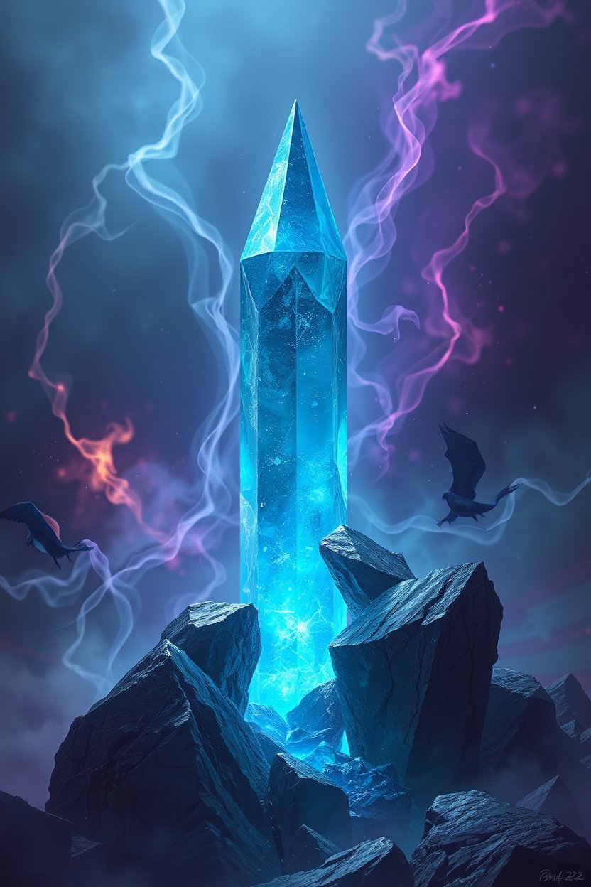 Mystical Blue Crystal Tower Amidst Dark Rocks