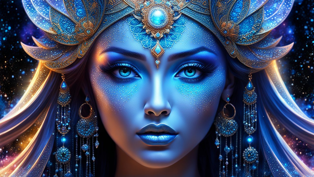Mystical Blue Goddess with Ornate Jewelry and Cosmic Aura
