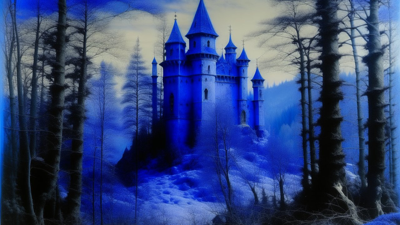 Mystical Blue Violet Castle in Enchanted Forest