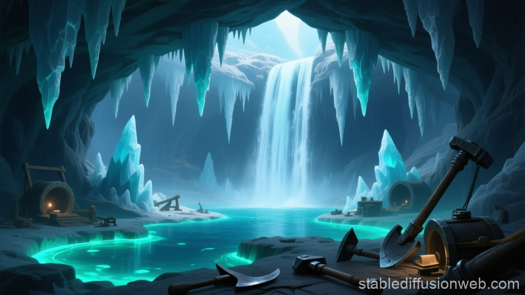 Mystical Brine Cavern with Waterfall and Mining Tools