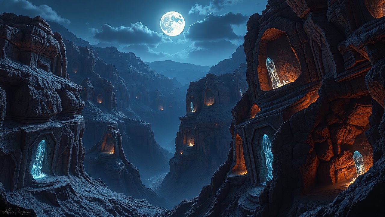 Mystical Canyon with Glowing Crystals Under Full Moon