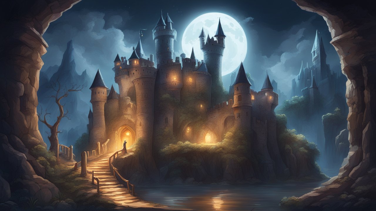 Mystical Castle Illuminated by Full Moon at Night