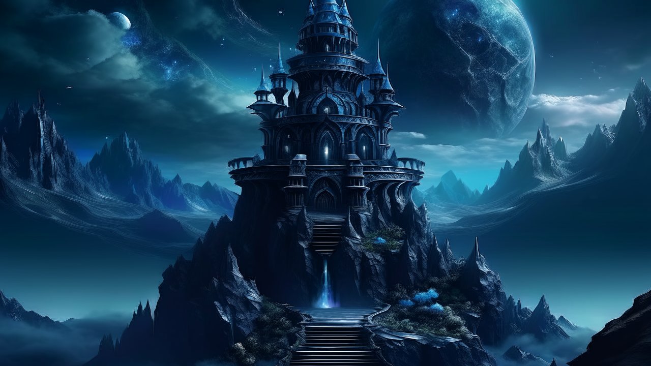 Mystical Castle on Alien Mountain Under Twin Moons