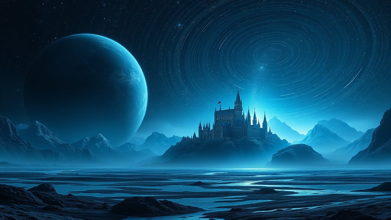 Mystical Castle Under a Starry Spiral Sky on an Alien Planet
