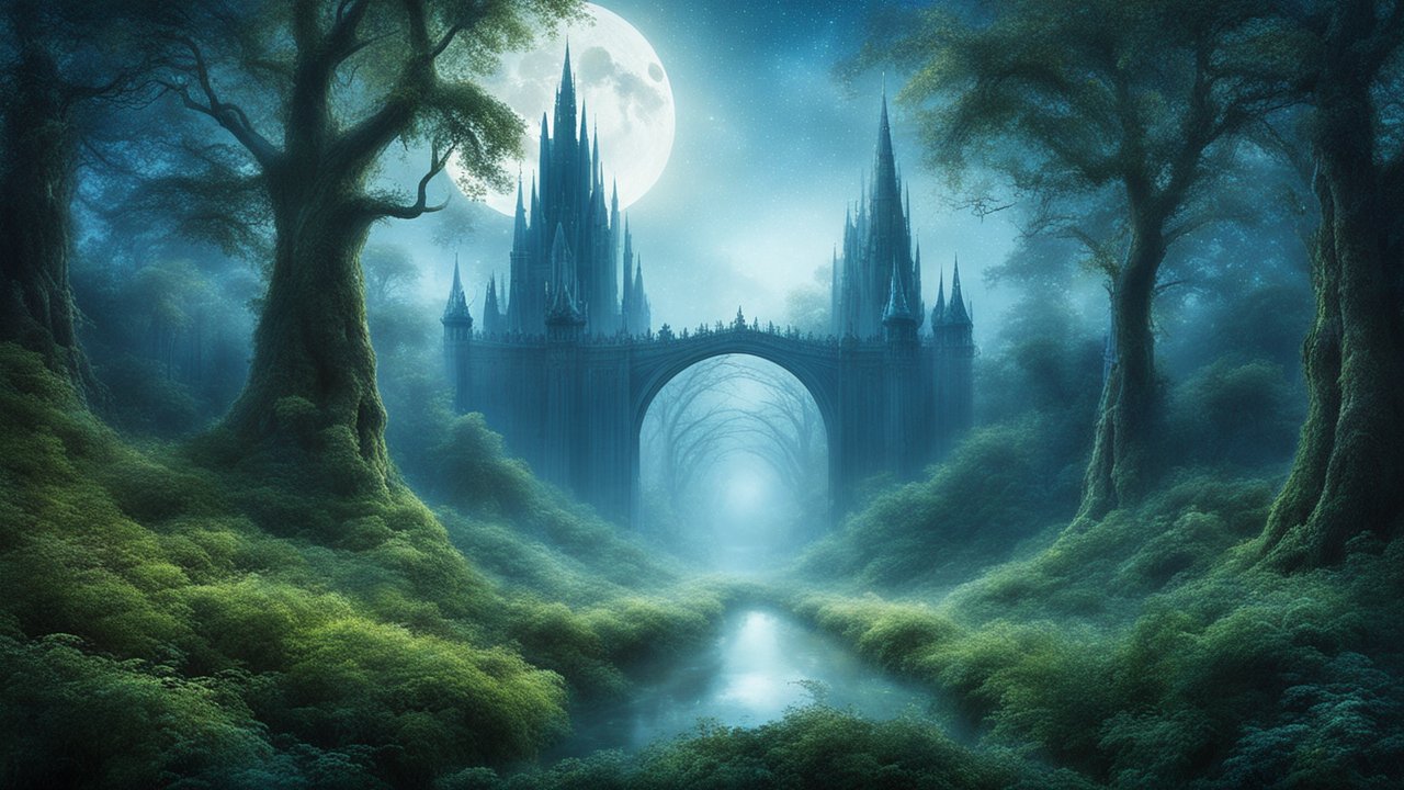 Mystical Castle Under Full Moon in Enchanted Forest