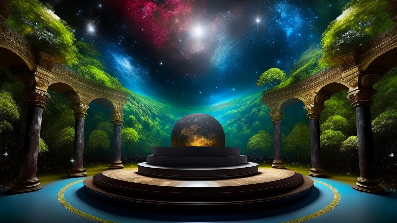 Mystical Cosmic Garden with Ancient Columns and Orb