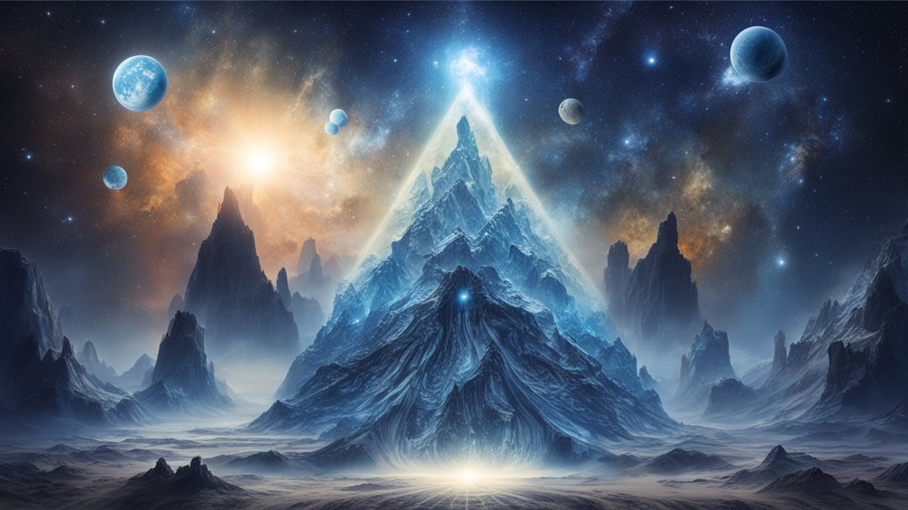 Mystical Cosmic Mountains with Glowing Pyramid