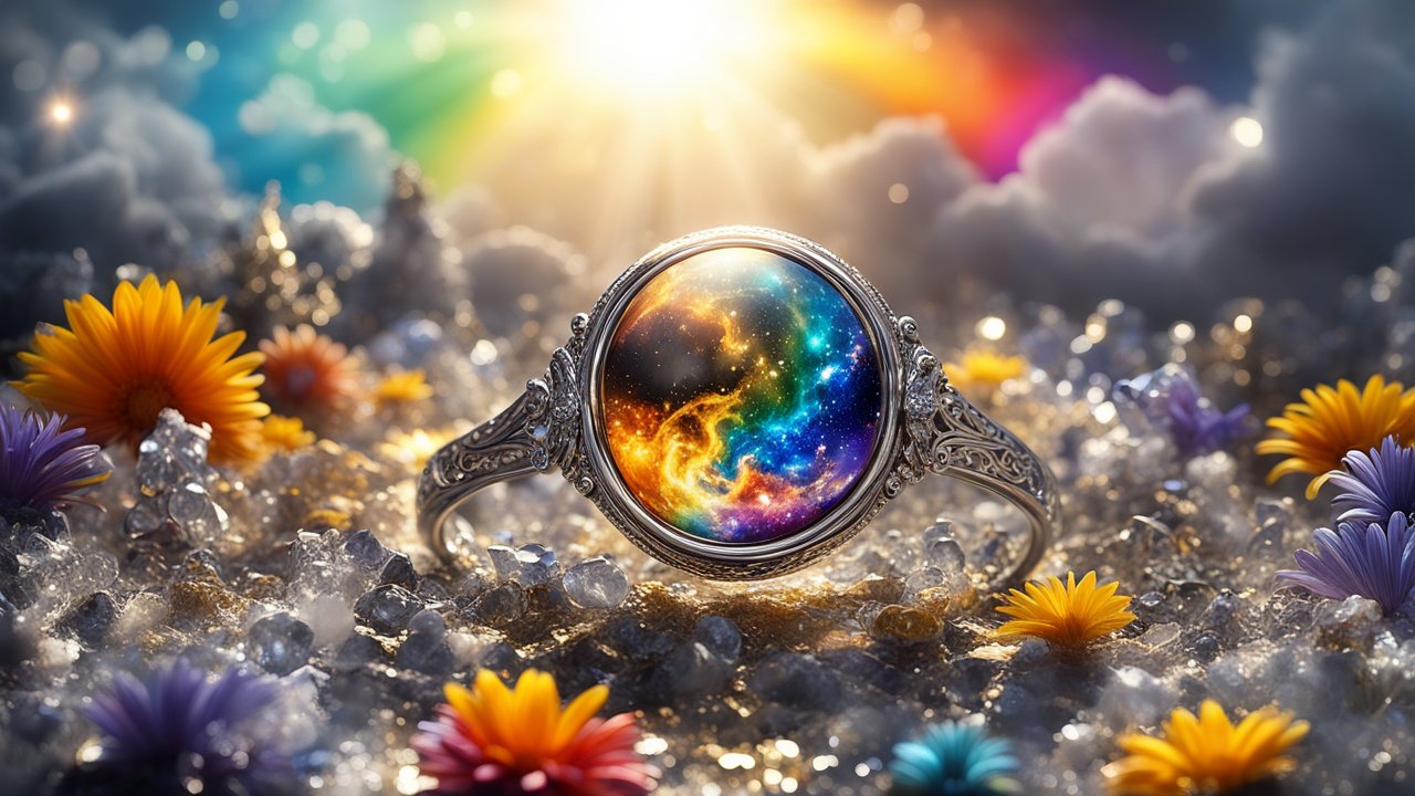 Mystical Cosmic Ring Amidst Vibrant Flowers and Crystals