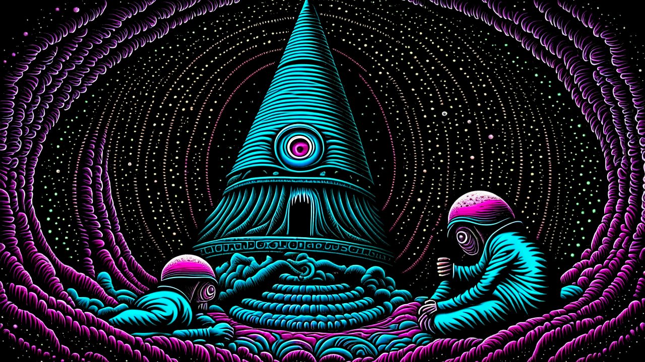 Mystical Cosmic Ritual with Astronaut Figures and a Towering Eye