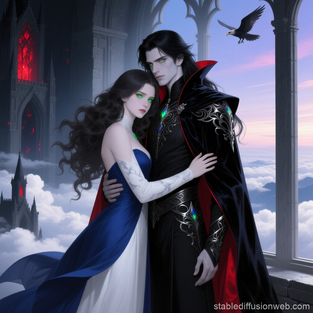 Mystical Couple in Gothic Castle Embrace