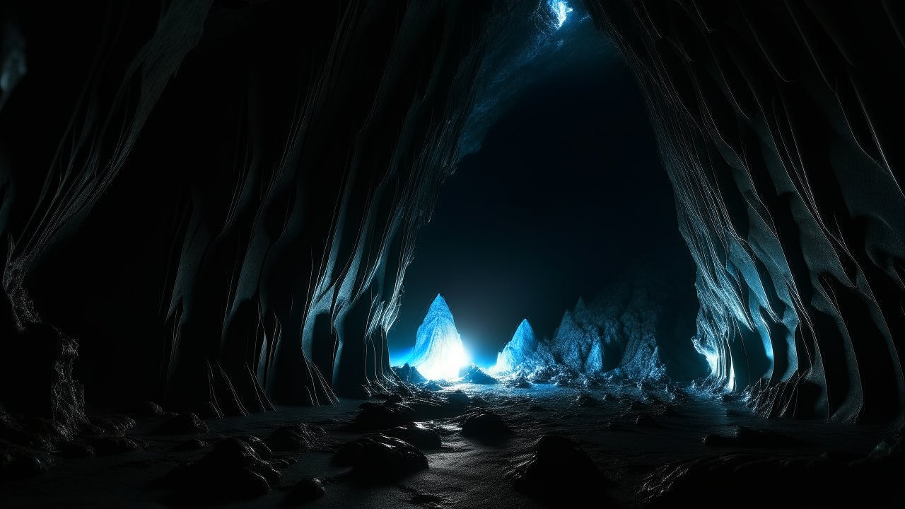 Mystical Dark Ice Cave Illuminated by Blue Light