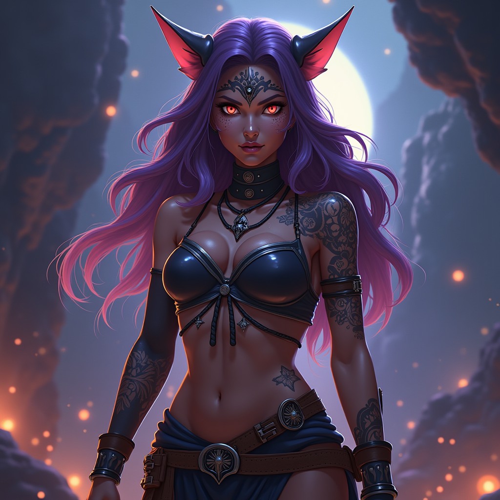 Mystical Demon Woman with Purple Hair and Red Eyes