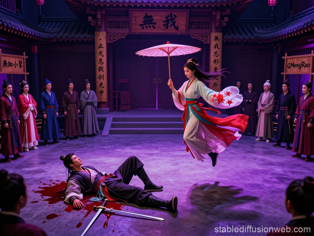 Mystical Duel in Ancient Courtyard with Floating Woman