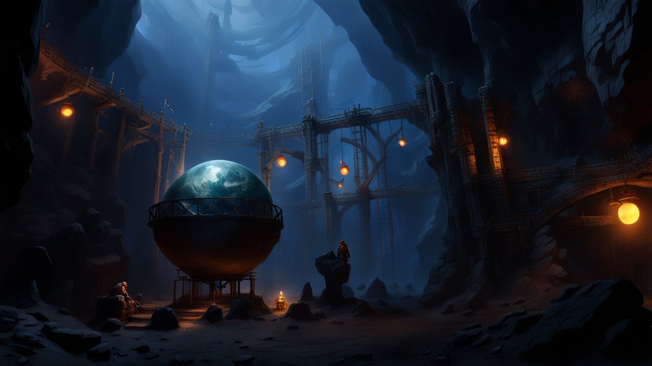 Mystical Dwarf Cavern with Giant Globe and Lanterns