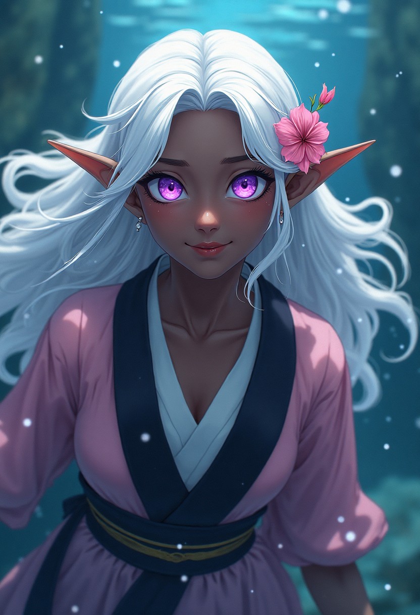 Mystical Elf Girl with White Hair and Violet Eyes