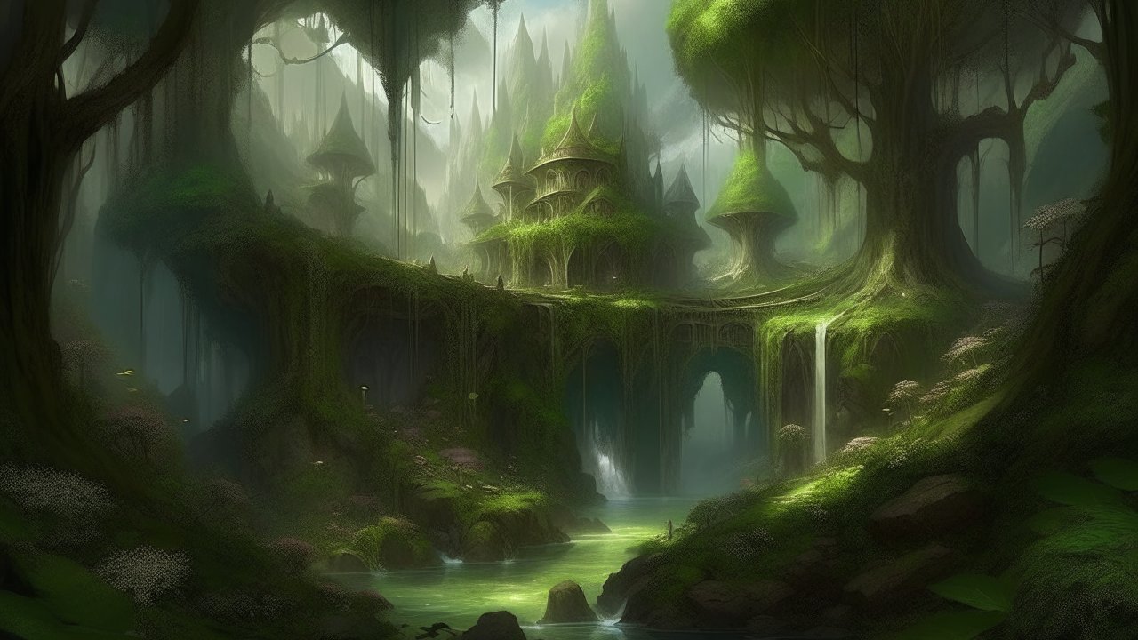 Mystical Elven Realm with Enchanted Forest and Waterfalls