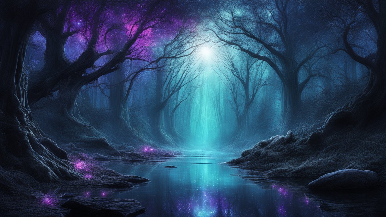 Mystical Enchanted Forest with Glowing Purple Lights
