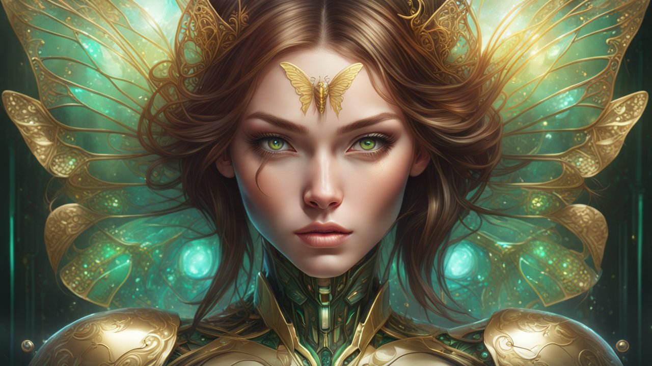 Mystical Female Warrior with Golden Butterfly and Intricate Armor