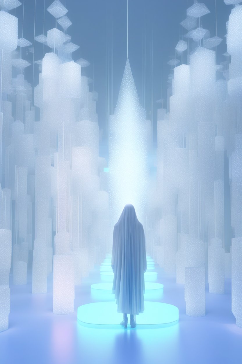 Mystical Figure in Illuminated Ethereal Corridor