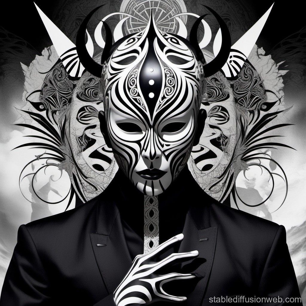 Mystical Figure in Ornate Black and White Mask