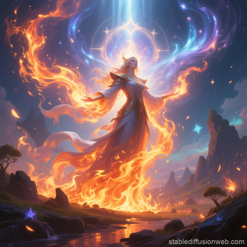 Mystical Fire Sorceress in a Magical Landscape