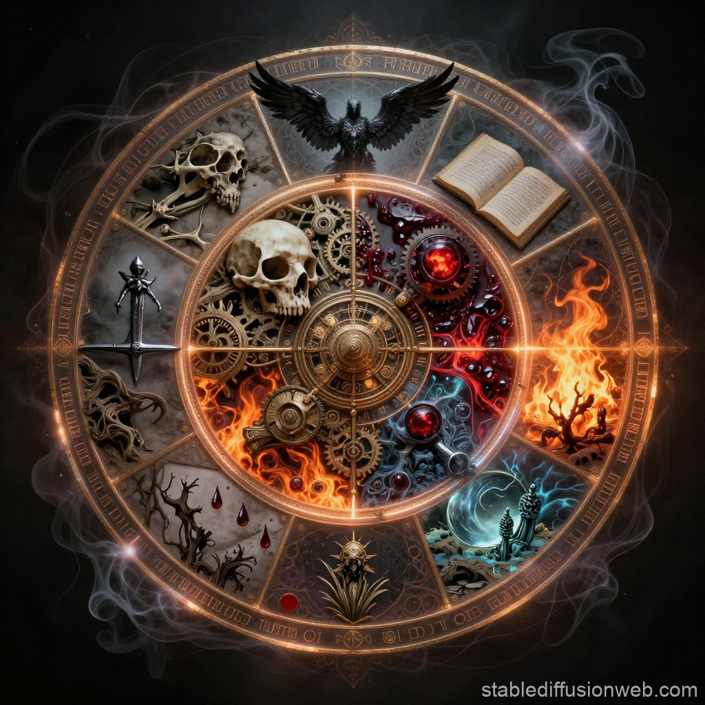 Mystical Floating Artifact with Skulls and Elemental Symbols