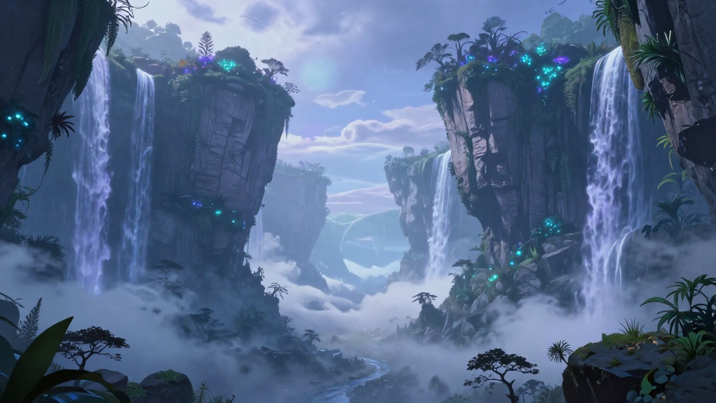 Mystical Floating Cliffs with Waterfalls and Glowing Flora