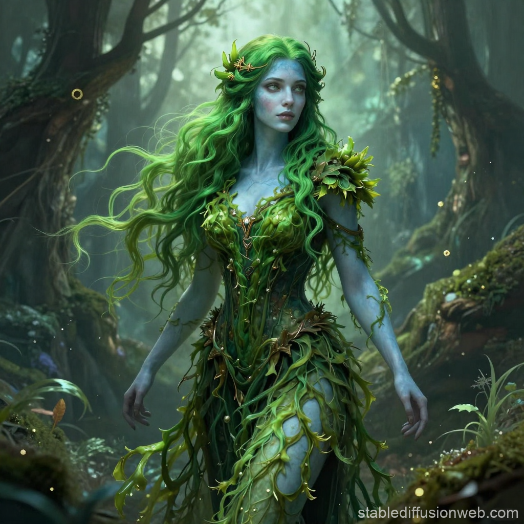 Mystical Forest Nymph with Green Hair and Seaweed Dress