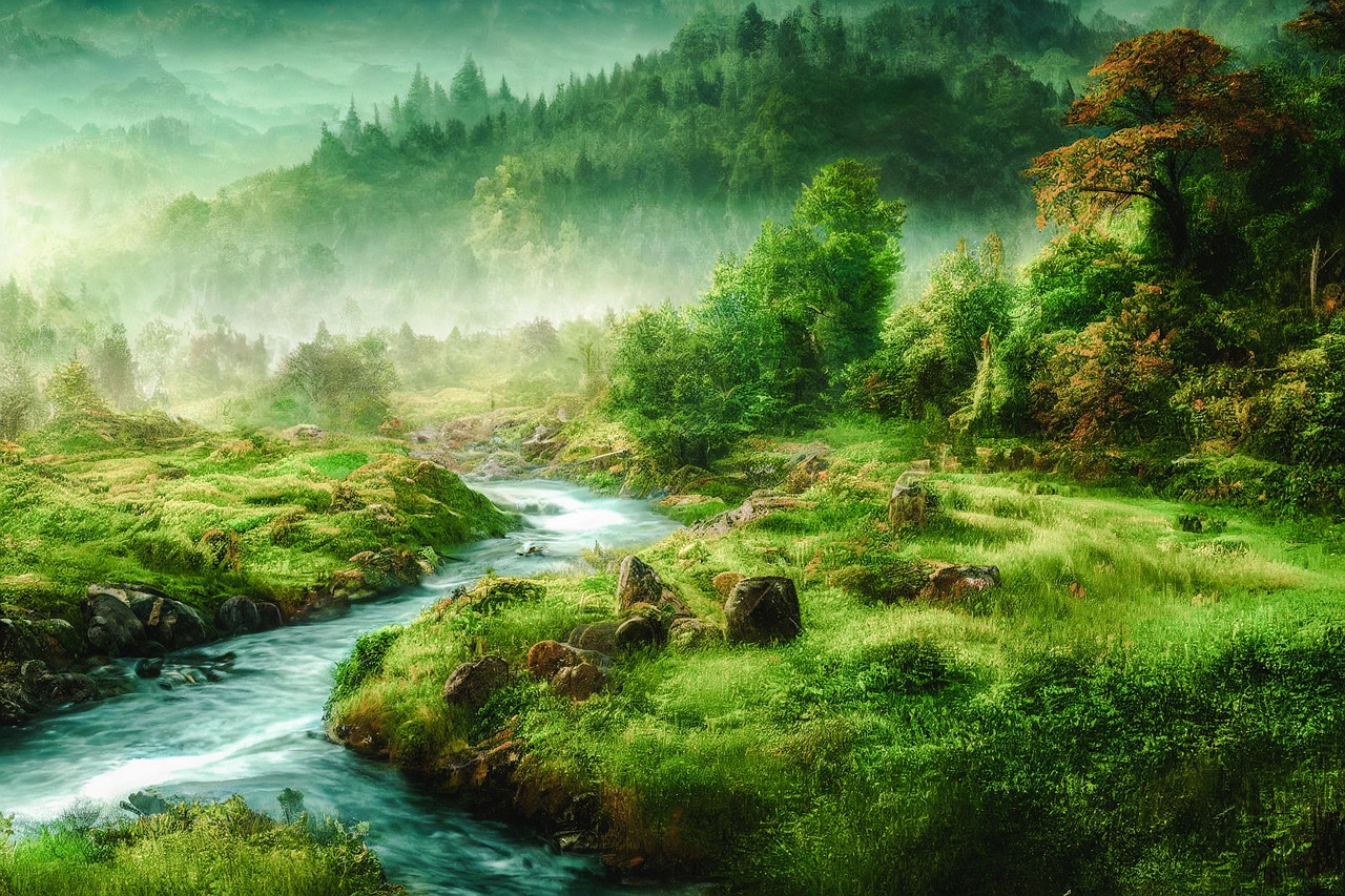 Mystical Forest River in a Lush Fantasy Landscape