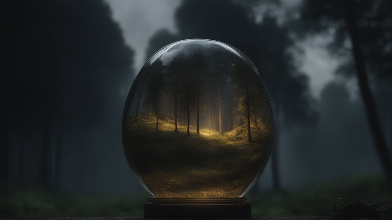 Mystical Forest Scene Inside a Glass Sphere at Night
