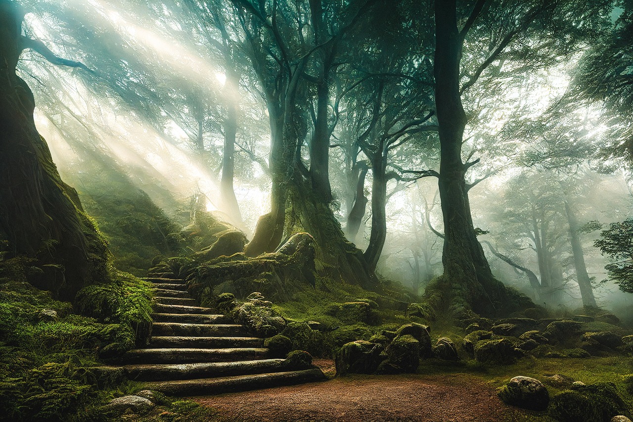 Mystical Forest Stairs Bathed in Sun Rays