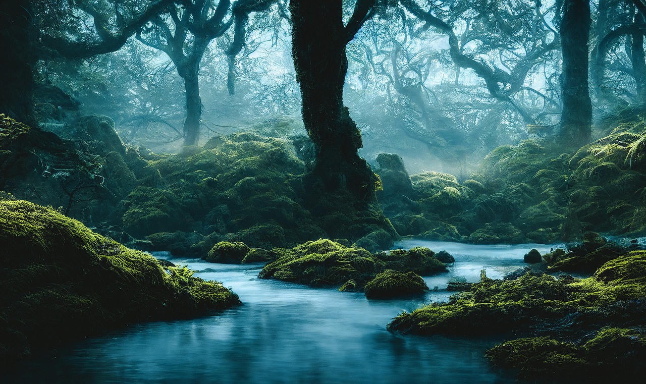 Mystical Forest Stream with Moss-Covered Rocks