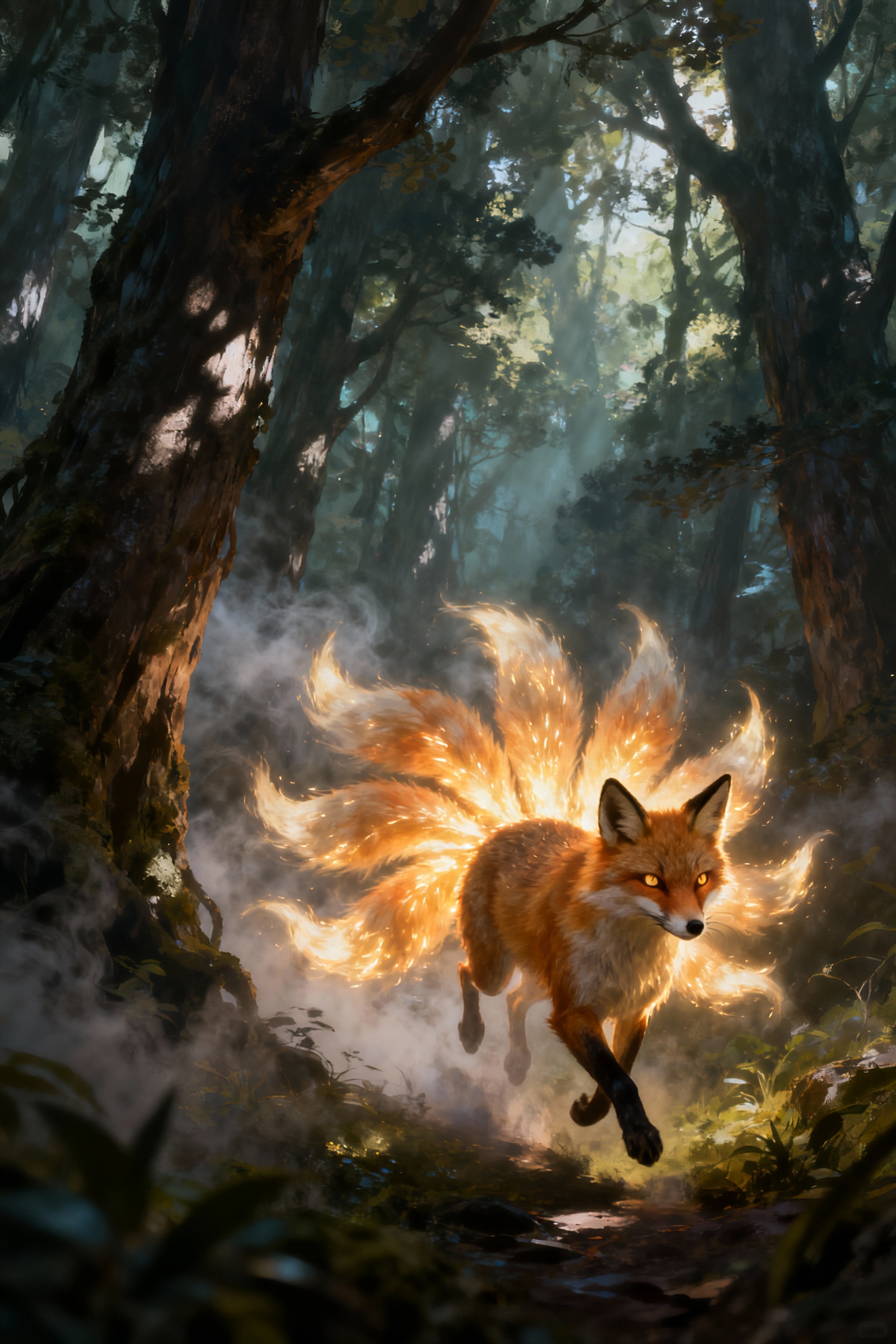 Mystical Fox with Glowing Tails in Enchanted Forest