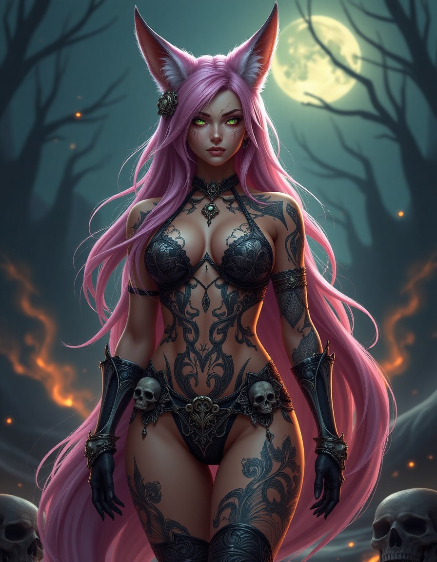 Mystical Fox-Woman with Pink Hair Under Full Moon