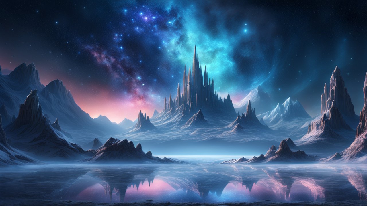 Mystical Frozen Mountain Landscape Under Starry Sky