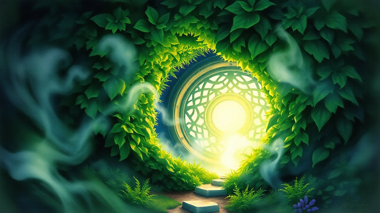 Mystical Glowing Portal Surrounded by Lush Greenery