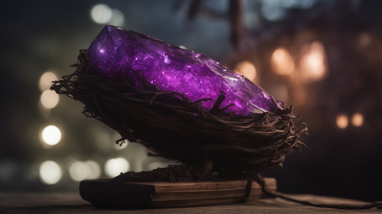 Mystical Glowing Purple Crystal on Wooden Stand