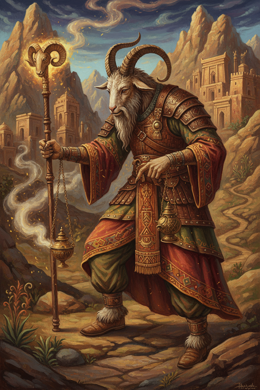 Mystical Goat-Hybrid Sage in Ancient Mountainous Realm