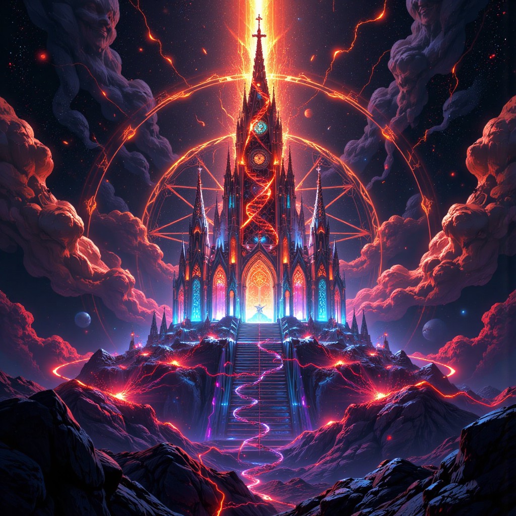 Mystical Gothic Cathedral with Fiery Magical Aura