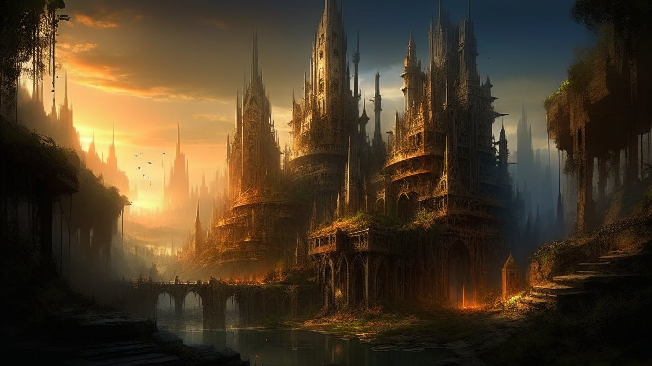 Mystical Gothic City at Sunset