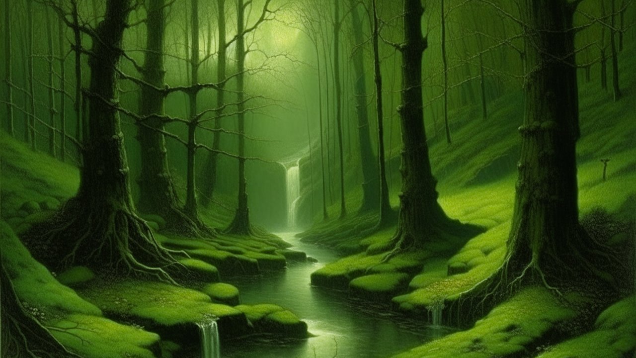 Mystical Green Forest with Waterfalls and Stream
