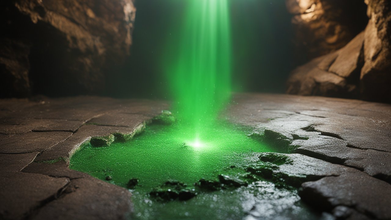 Mystical Green Light Beam in a Rocky Cave