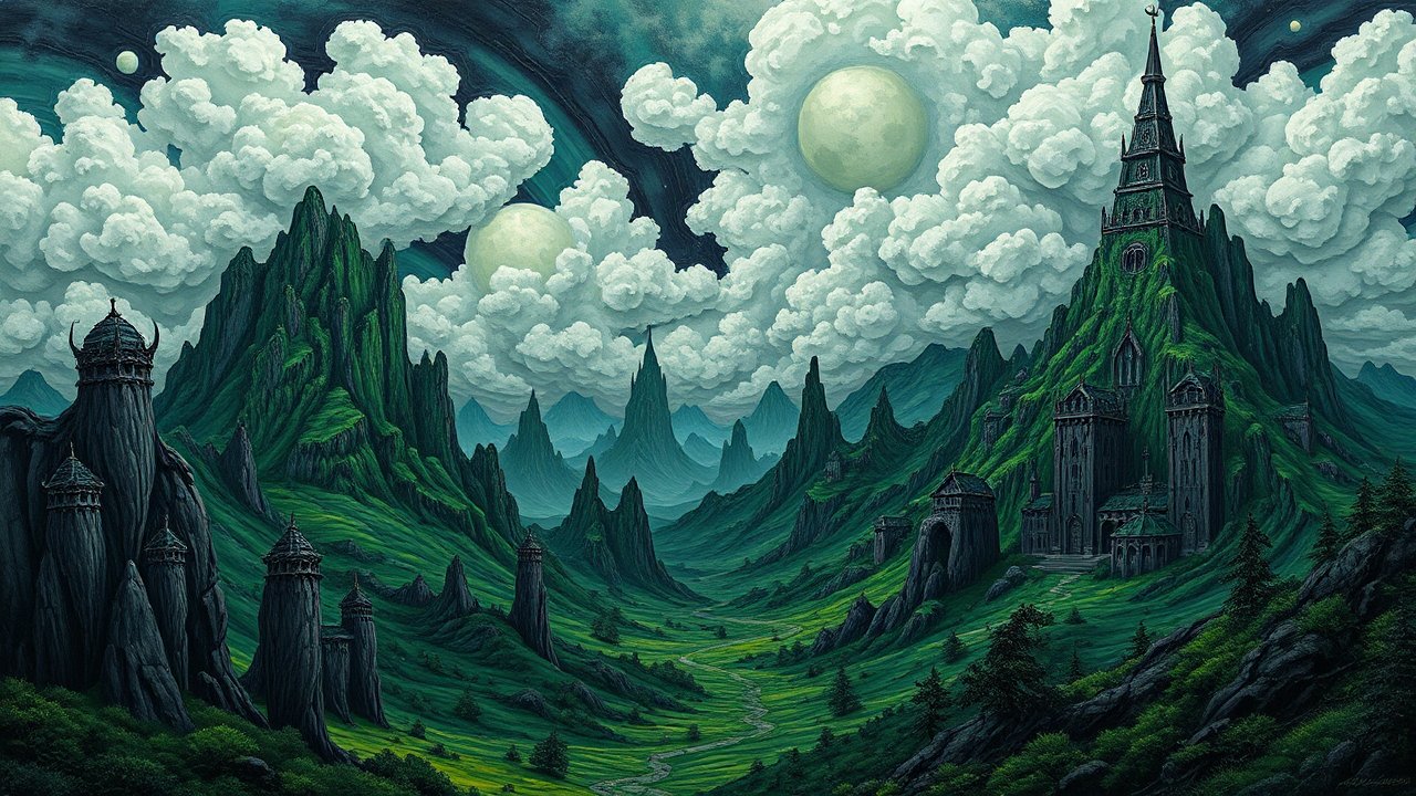 Mystical Green Valley with Ancient Castle and Twin Moons