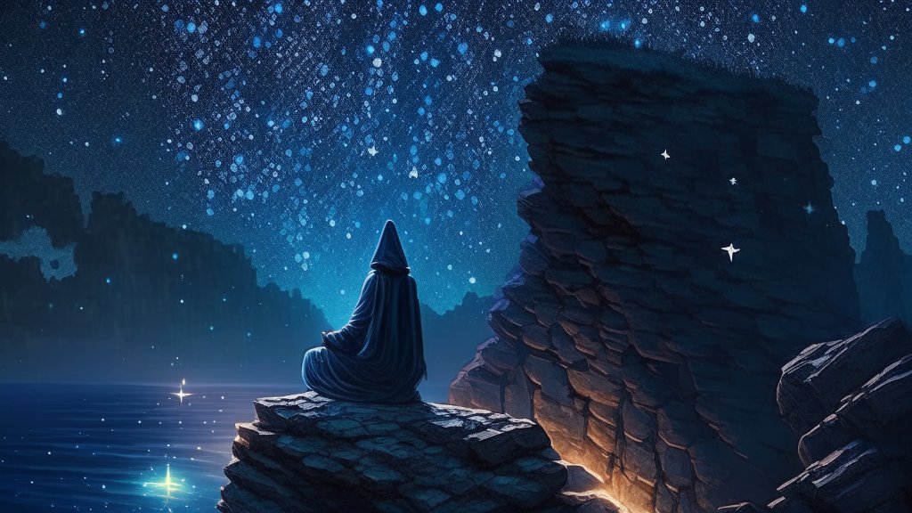 Mystical Hooded Figure Meditating by Rocky Shore Under Starry Sky