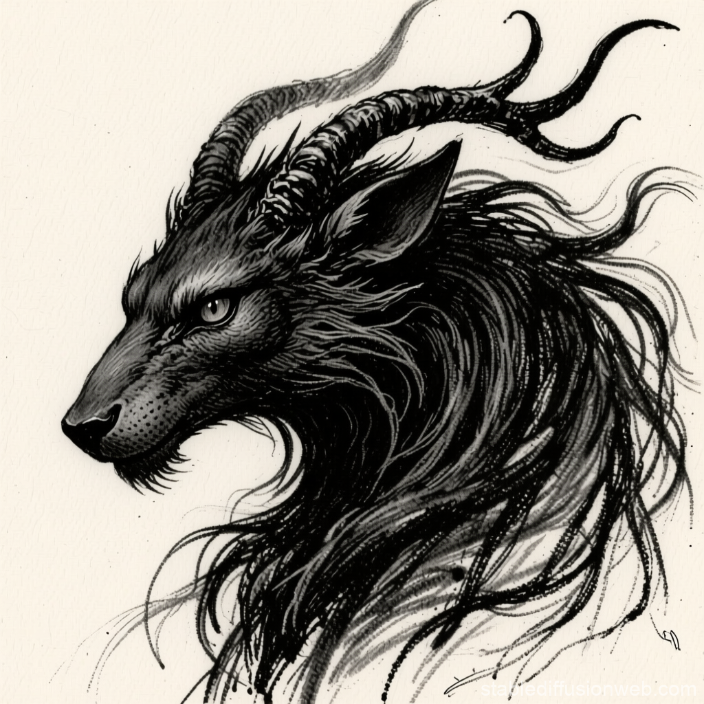 Mystical Horned Beast in Ink Style