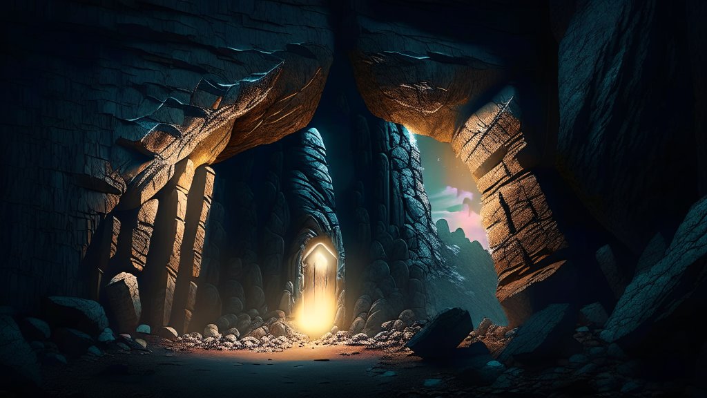 Mystical Illuminated Doorway in a Rocky Cavern