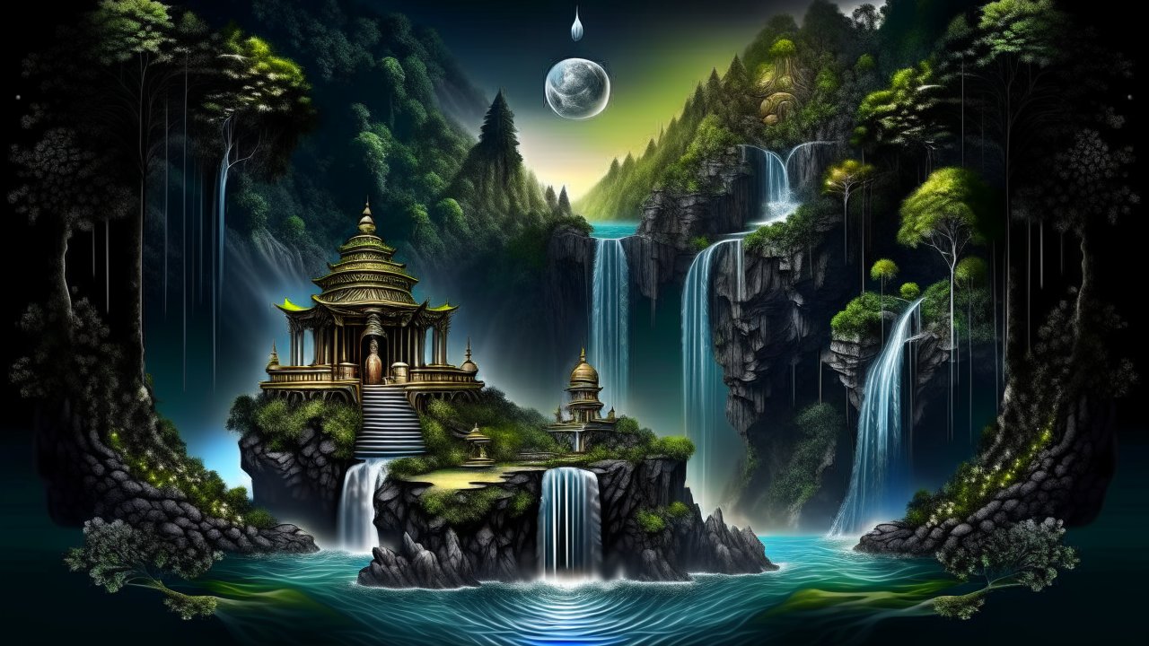 Mystical Indian Temple Amidst Waterfalls and Lush Mountains