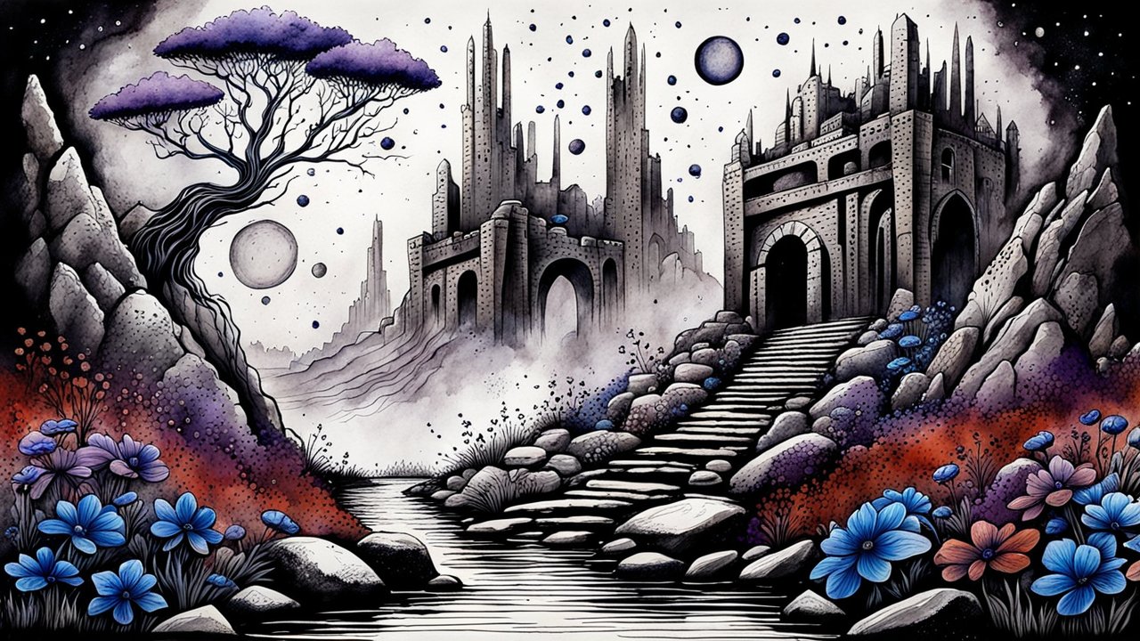 Mystical Ink Wash Landscape with Fantasy Castle and Vibrant Flora